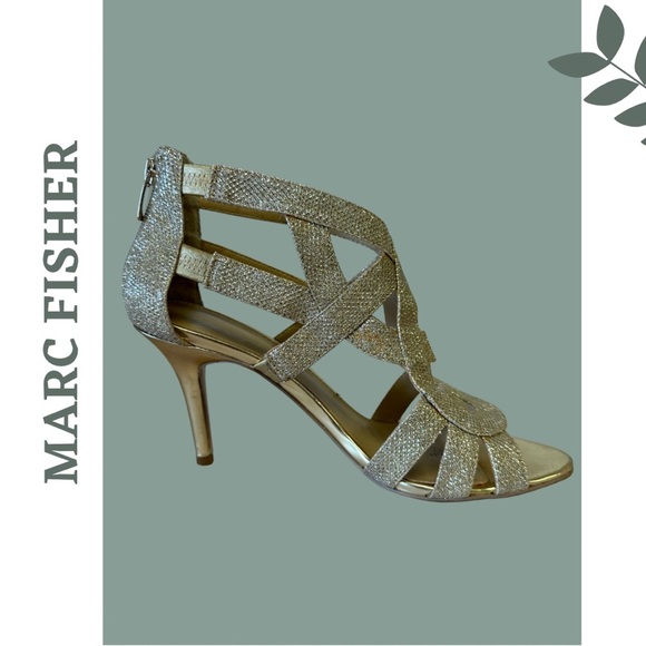 Marc Fisher Gold Glitter Strappy Heeled Sandal Size 8.5 - Picture 4 of 9